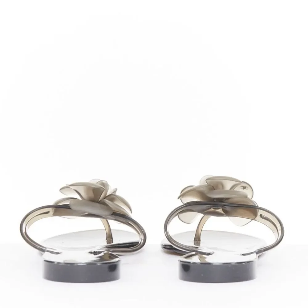 Chanel Grey Clear Camellia Rubber Jelly Sandals